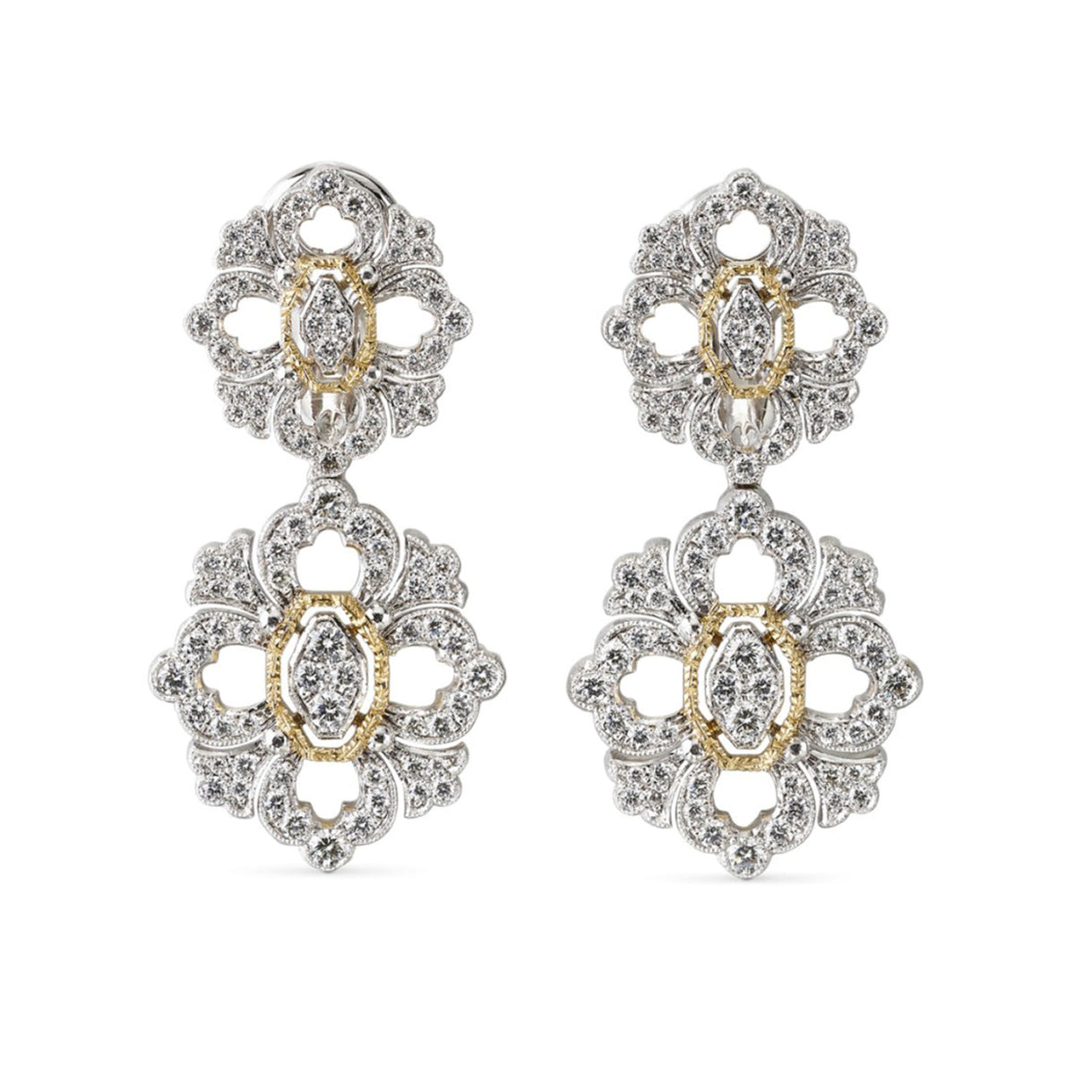 Opera Full Pave Pendant Earrings In White And Yellow Gold