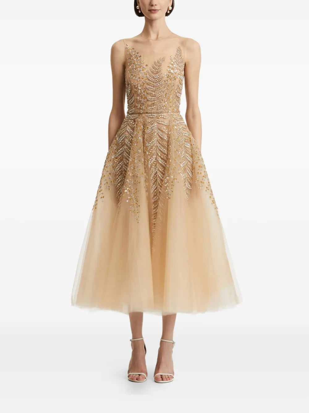 Oscar de la Renta Fern-Embellished Tulle Midi Ress