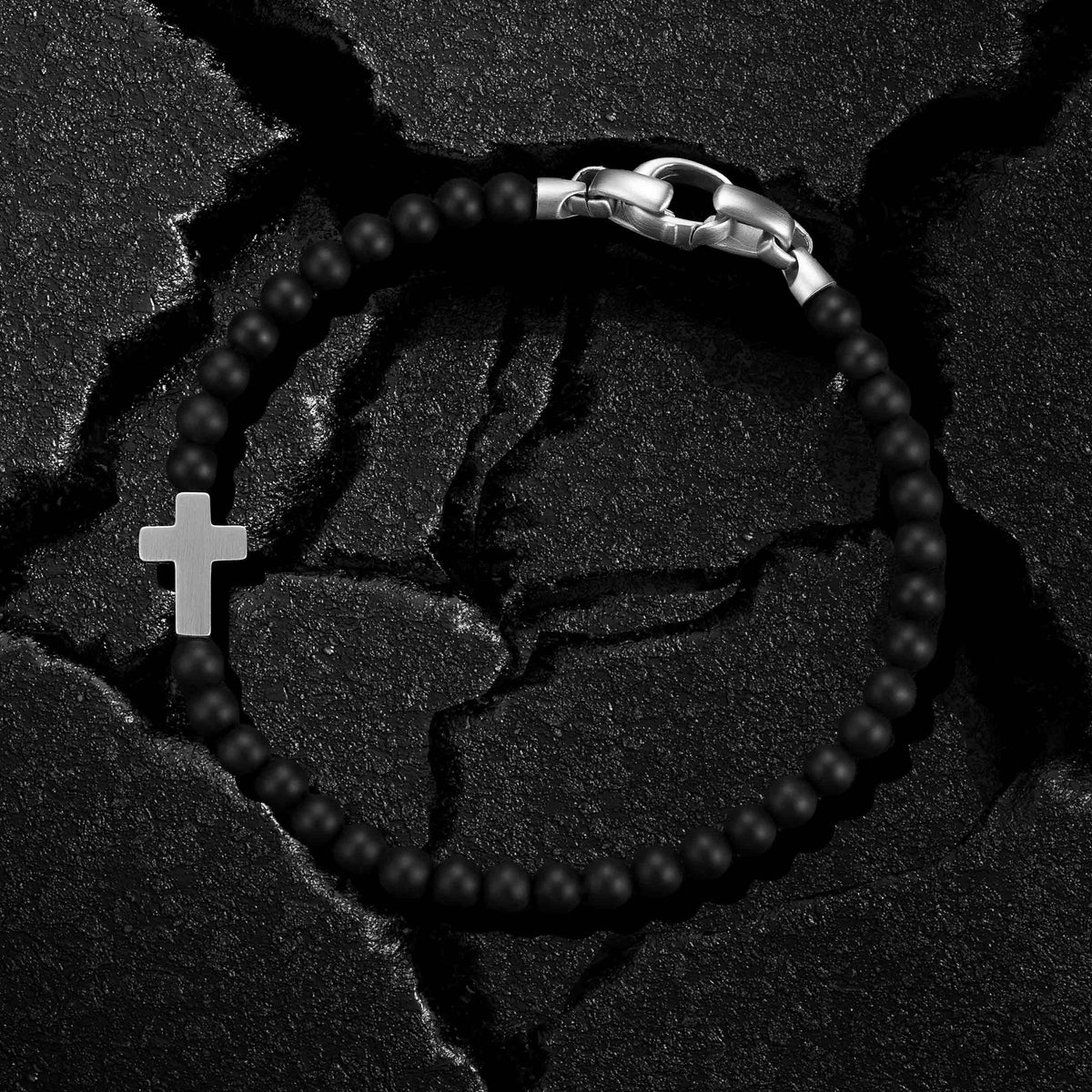 Spiritual Bead Cross Bracelet, 4MM - Black Onyx