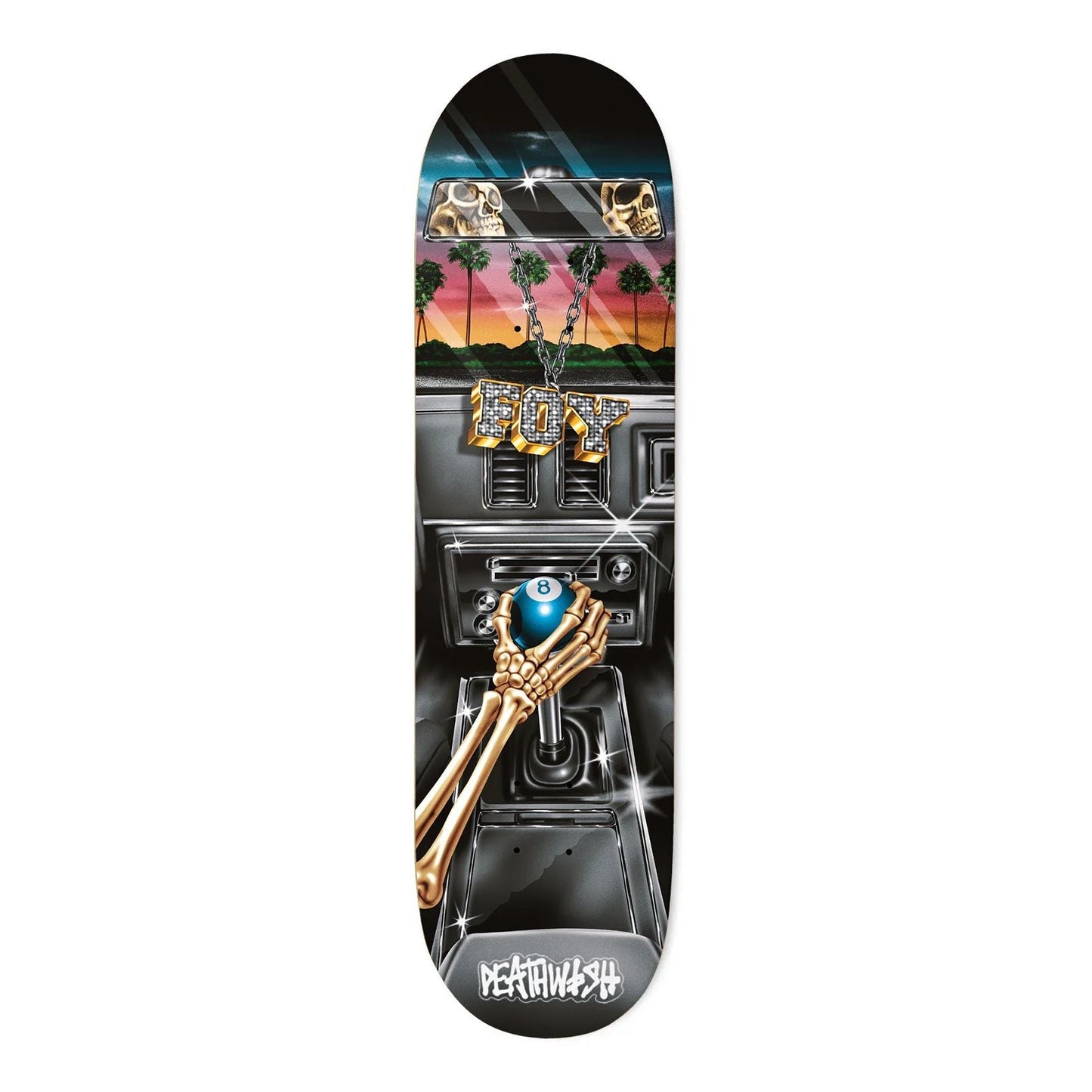 Deathwish Jamie Foy Samborghini Shifter Skateboard Deck 8.0 — art by Sam Bledsoe, DW Deep Concave, 8.0" x 31.5", 14.25" wheelbase, 100% hard rock Canadian maple.