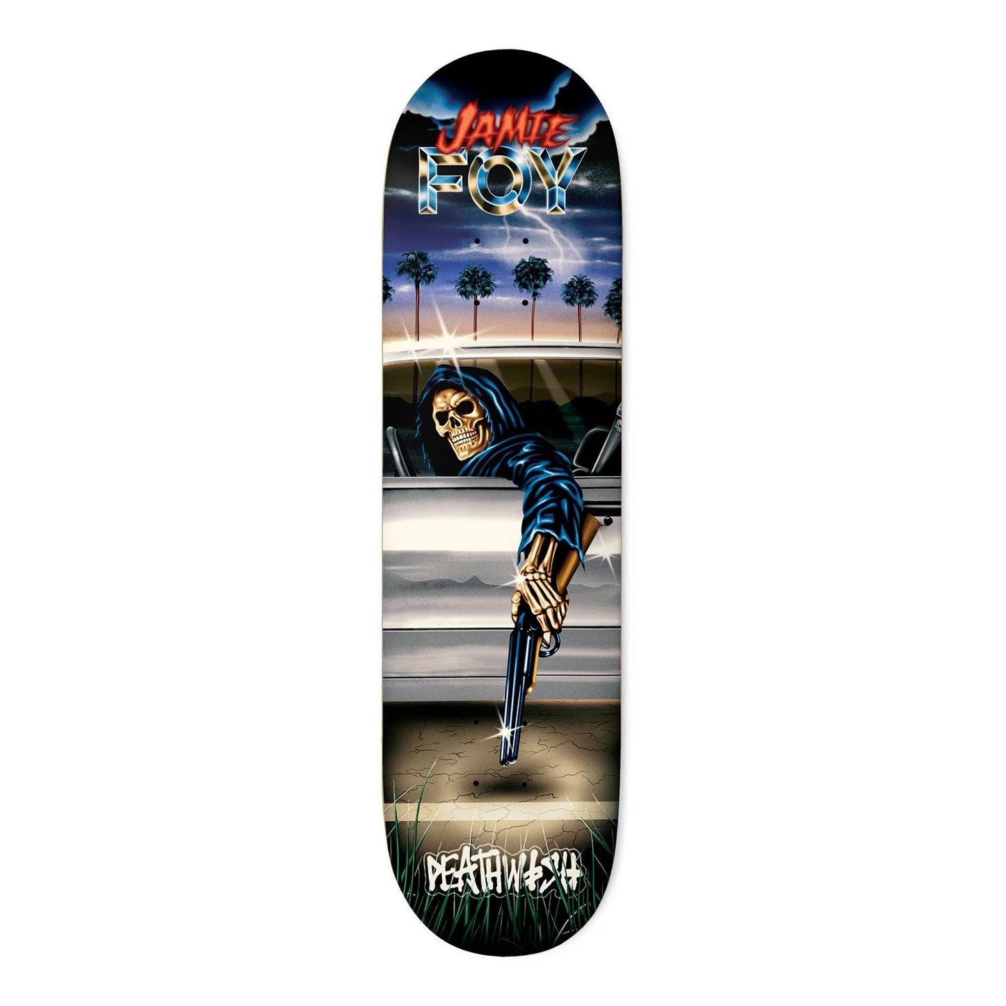Deathwish Jamie Foy Samborghini Reaper Skateboard Deck 8.25 — art by Sam Bledsoe, DW Deep Concave, 8.25" x 31.5", 14.25" wheelbase, 100% hard rock Canadian maple.
