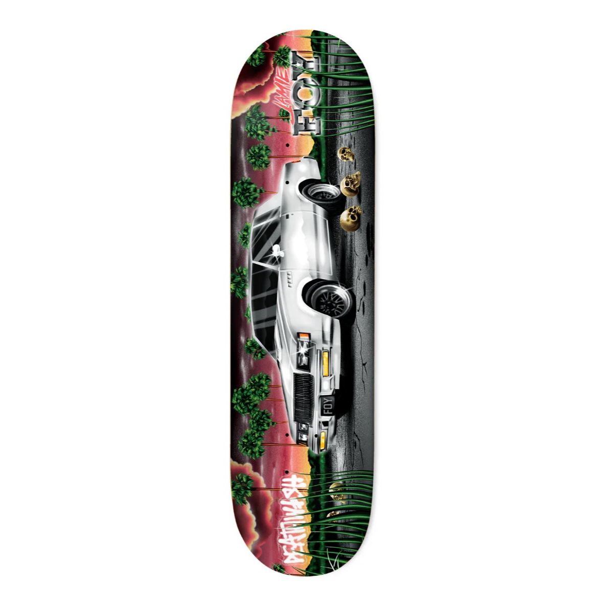 "Deathwish Jamie Foy Samborghini Twin Deck 8.5 — art by Sam Bledsoe, symmetrical twin shape, DW mellow concave, 100% hard rock Canadian maple"