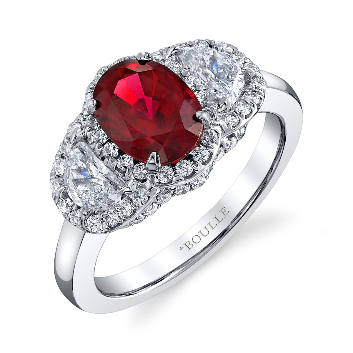 deBoulle Collection Ruby Three Stone Ring with Diamond Halo