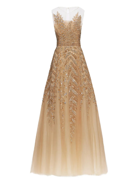 Oscar de la Renta Fern-Embellished Tulle Midi Ress
