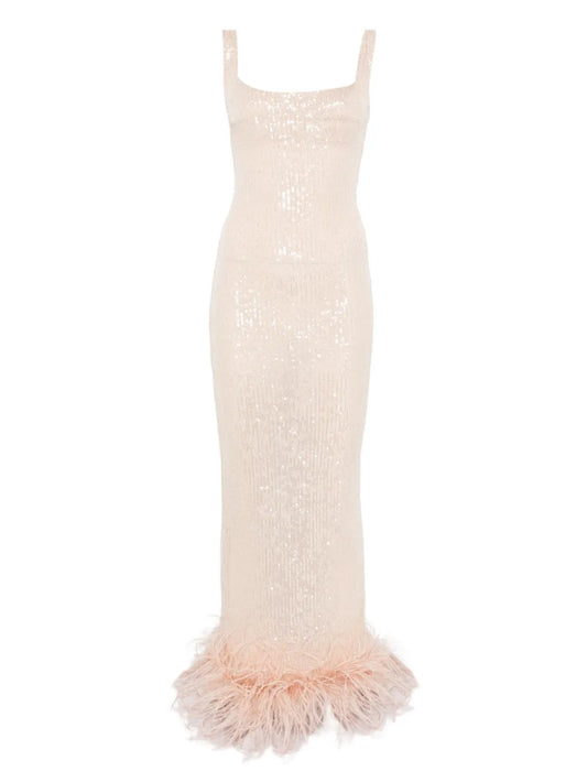 Atu Body Couture Squinned Feather-Trim Gown