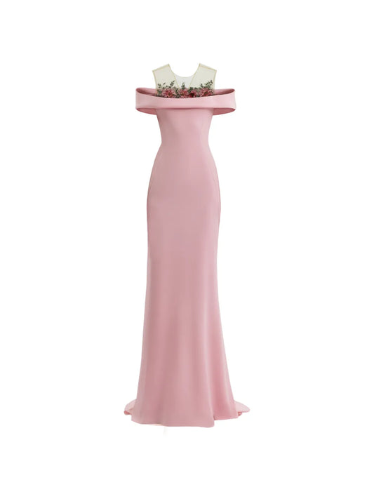 Gemy Maalouf Floral-Beaded Off-Shoulder Maxi Dress