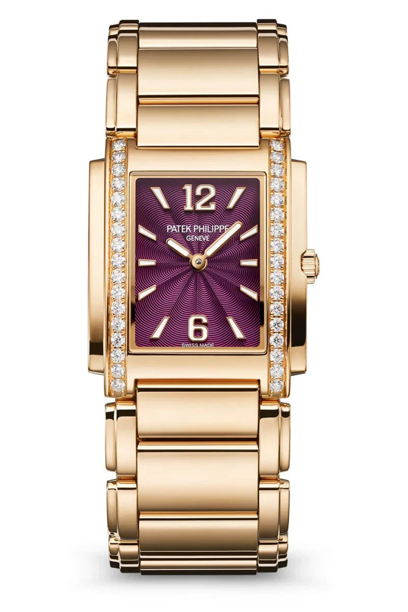 Patek Philippe Twenty~4 4910/1201R-010 – Ladies’ Quartz Rose Gold Watch with Purple Dial & Diamond Bezel