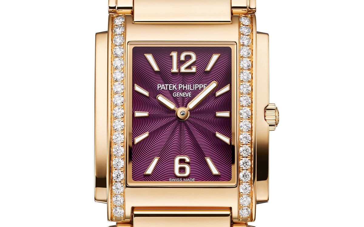 Patek Philippe Twenty~4 4910/1201R-010 – Ladies’ Quartz Rose Gold Watch with Purple Dial & Diamond Bezel
