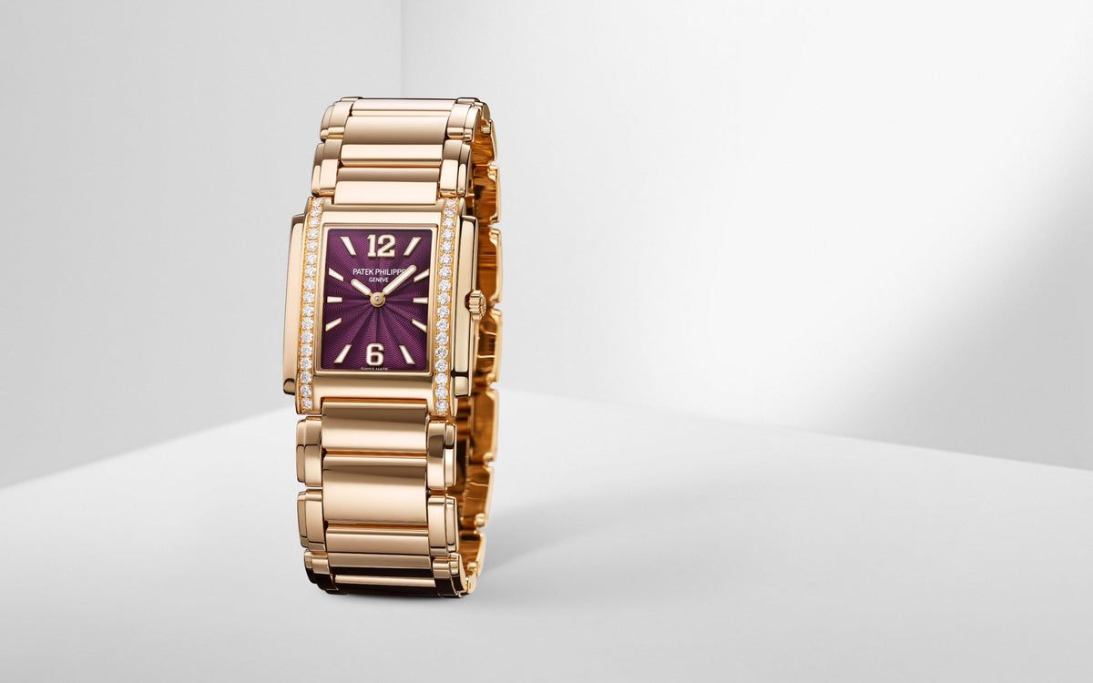 Patek Philippe Twenty~4 4910/1201R-010 – Ladies’ Quartz Rose Gold Watch with Purple Dial & Diamond Bezel