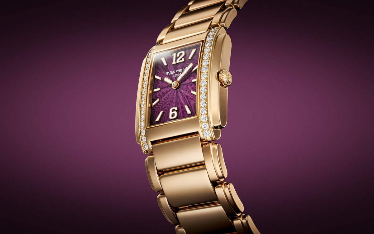 Patek Philippe Twenty~4 4910/1201R-010 – Ladies’ Quartz Rose Gold Watch with Purple Dial & Diamond Bezel