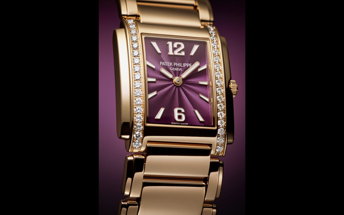 Patek Philippe Twenty~4 4910/1201R-010 – Ladies’ Quartz Rose Gold Watch with Purple Dial & Diamond Bezel