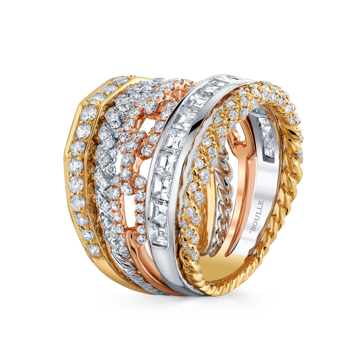 deBoulle Collection Modern Retro Ring in Rose, White and Yellow Gold