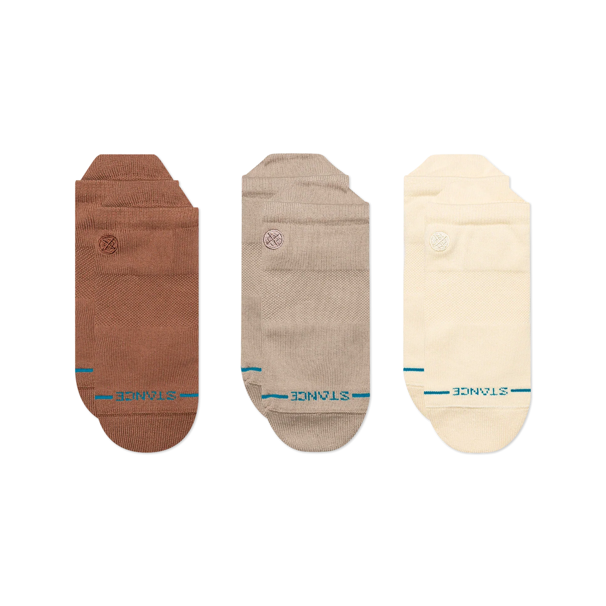 "Stance Icon Low Tab Socks 3 Pack in Brown — cotton blend, low tab silhouette, friction and blister protection, all-day comfort"