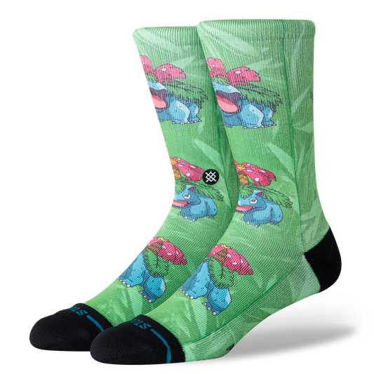 "Stance Venusaur Crew Socks — bold Pokémon Venusaur graphic, mid cushioning, arch support, seamless toe closure, poly blend"