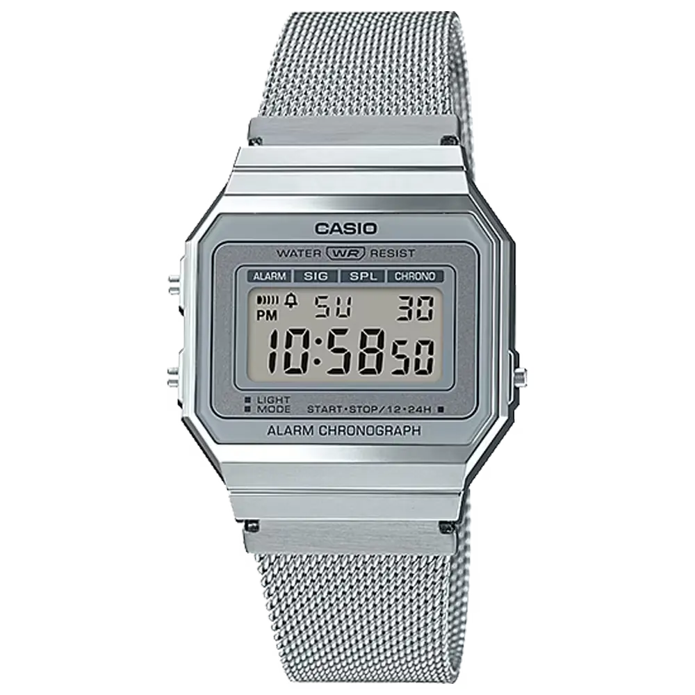Casio A700WM-7AVT Vintage Silver Watch, super slim case, stainless steel mesh band, LED backlight, timeless elegance.