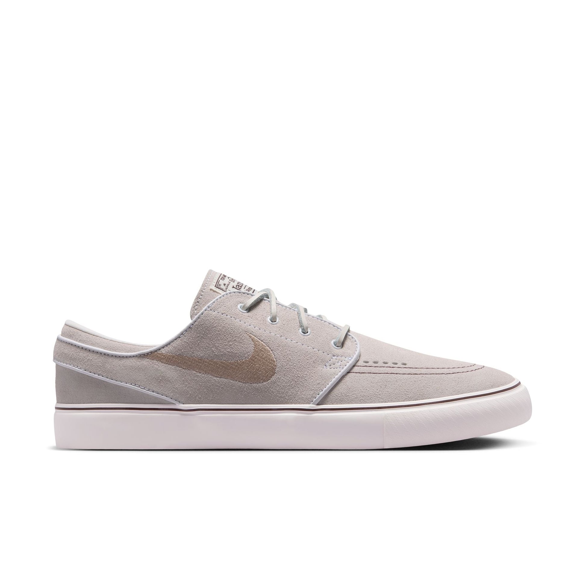 Nike SB Zoom Janoski OG+ in White/Linen Sail/Light Chocolate — suede upper, vulcanized construction, Zoom Air cushioning, skate-specific tread, 2 sets of laces