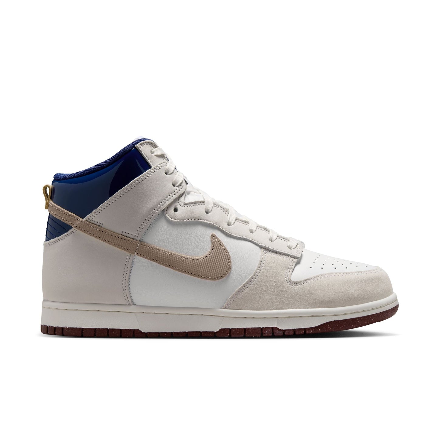 Nike SB Dunk High Pro x Beyond Store Skate Shoes in White/Ivory-Sand Dune-Blue Void — premium leather upper, kidney pool blueprint sockliner, perforated toe box, and full cupsole rubber sole. Extra laces included.