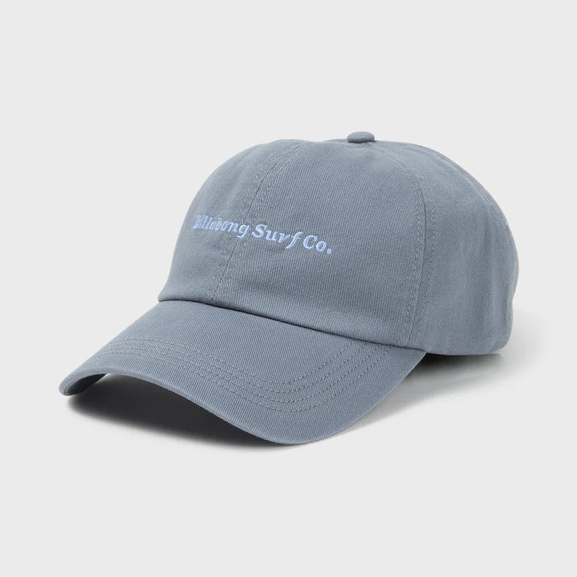 "Billabong Curved Bill Dad Cap in Blue Smoke — women's unstructured low-profile cap, 100% cotton twill, O5 embroidered logo"