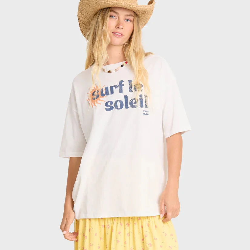 "Billabong Surf Le Soleil Tee in Salt Crystal — women's oversized crew neck graphic tee, 100% cotton loose knit jersey, garment washed"