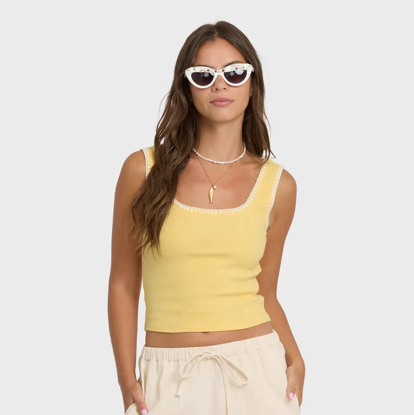 Billabong Shell Time Tank Top in Sundress — fitted 2x2 rib knit, shell stitching detail, sleeveless, 95% cotton with stretch