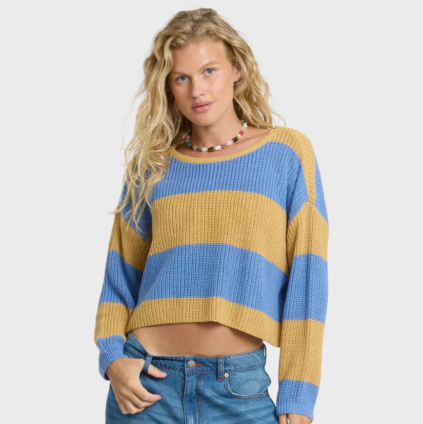 Billabong Lit Light Crewneck Sweater in Curry — lightweight cotton-acrylic knit, boxy fit, wide neckline, marled heathered texture, long sleeves
