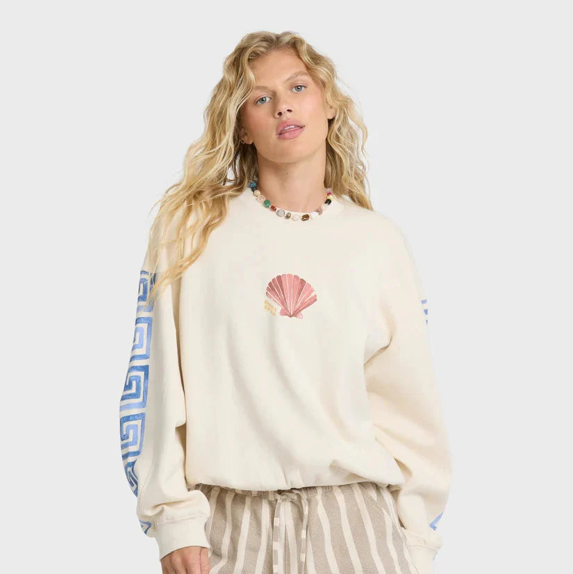 Billabong Carnival Kendal Crewneck Sweatshirt in White Cap — brushed fleece, oversized fit, vintage screen print graphic, long sleeves