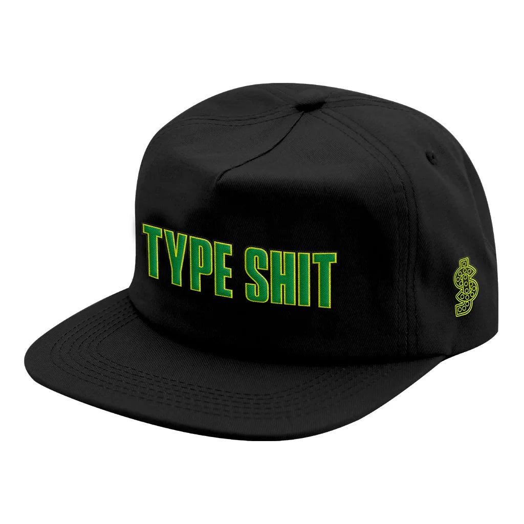 Shake Junt Type Shit Snapback in Black — classic snapback hat with bold green and yellow Type Shit logo, one size fits all