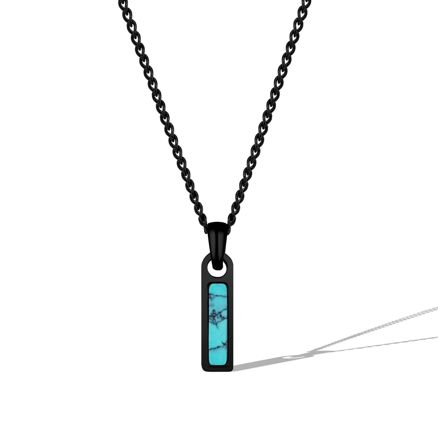 Necklace with a black chain and turquoise pendant on a white background