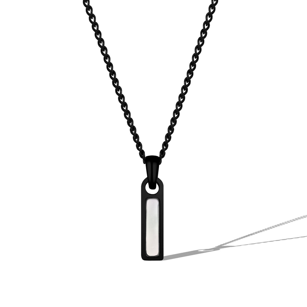 Black chain necklace with a rectangular pendant on a white background