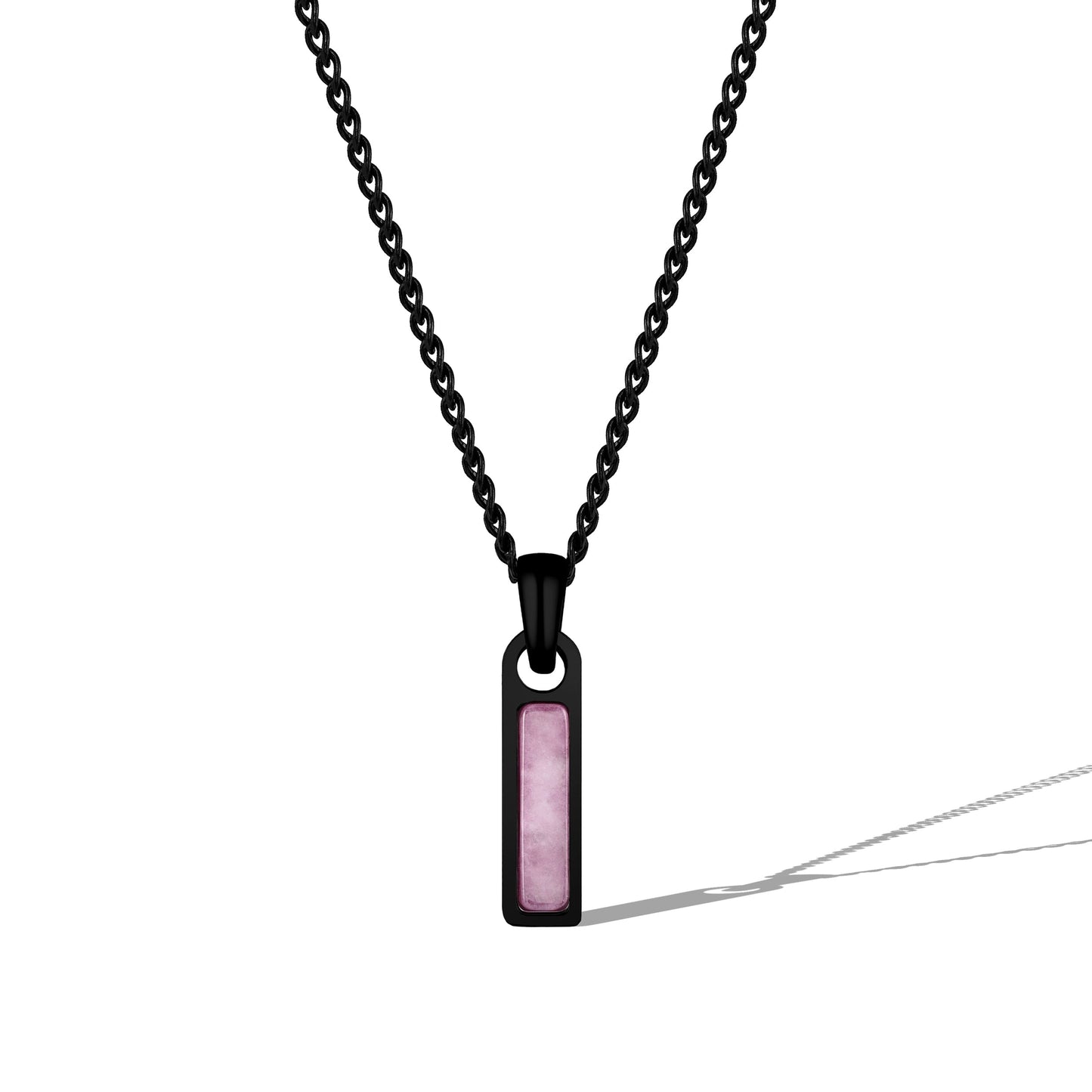 Black chain necklace with a rectangular pendant on a white background