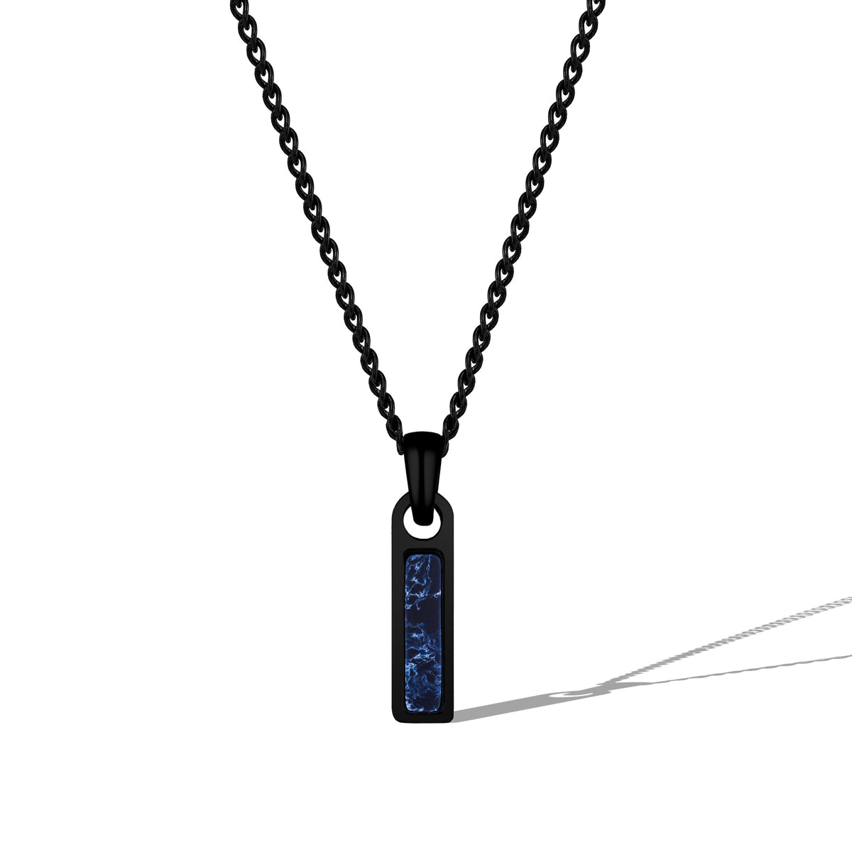 Black chain necklace with a blue pendant on a white background