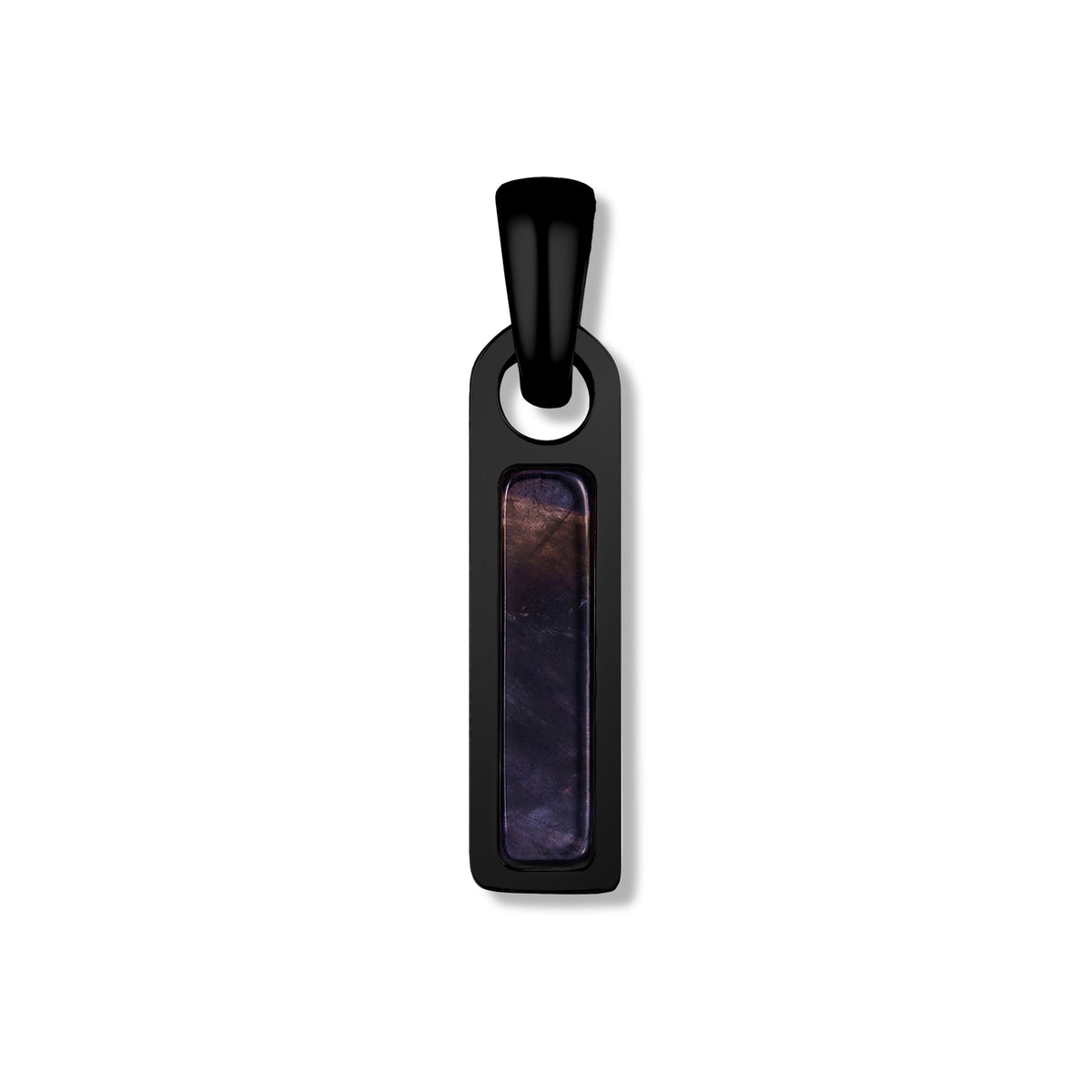 Black pendant with a purple stone on a white background