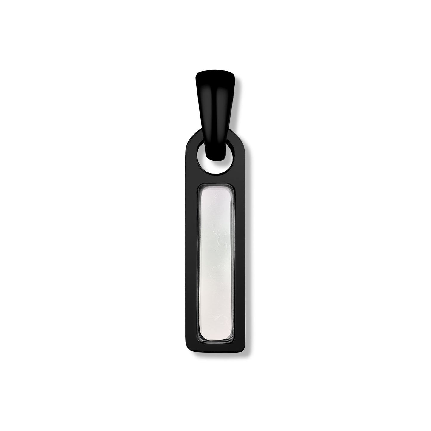 Black pendant with a white tag on a white background