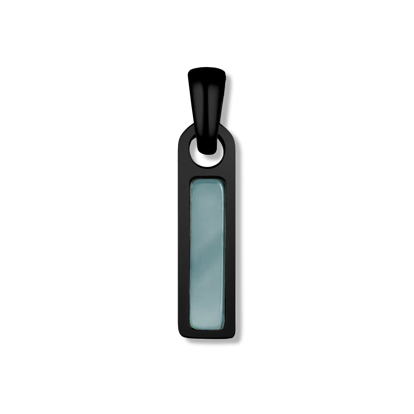 Black pendant with a light blue rectangular center on a white background