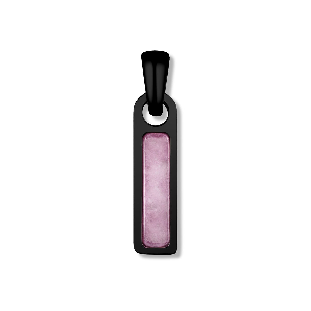 Black pendant with a pink stone on a white background