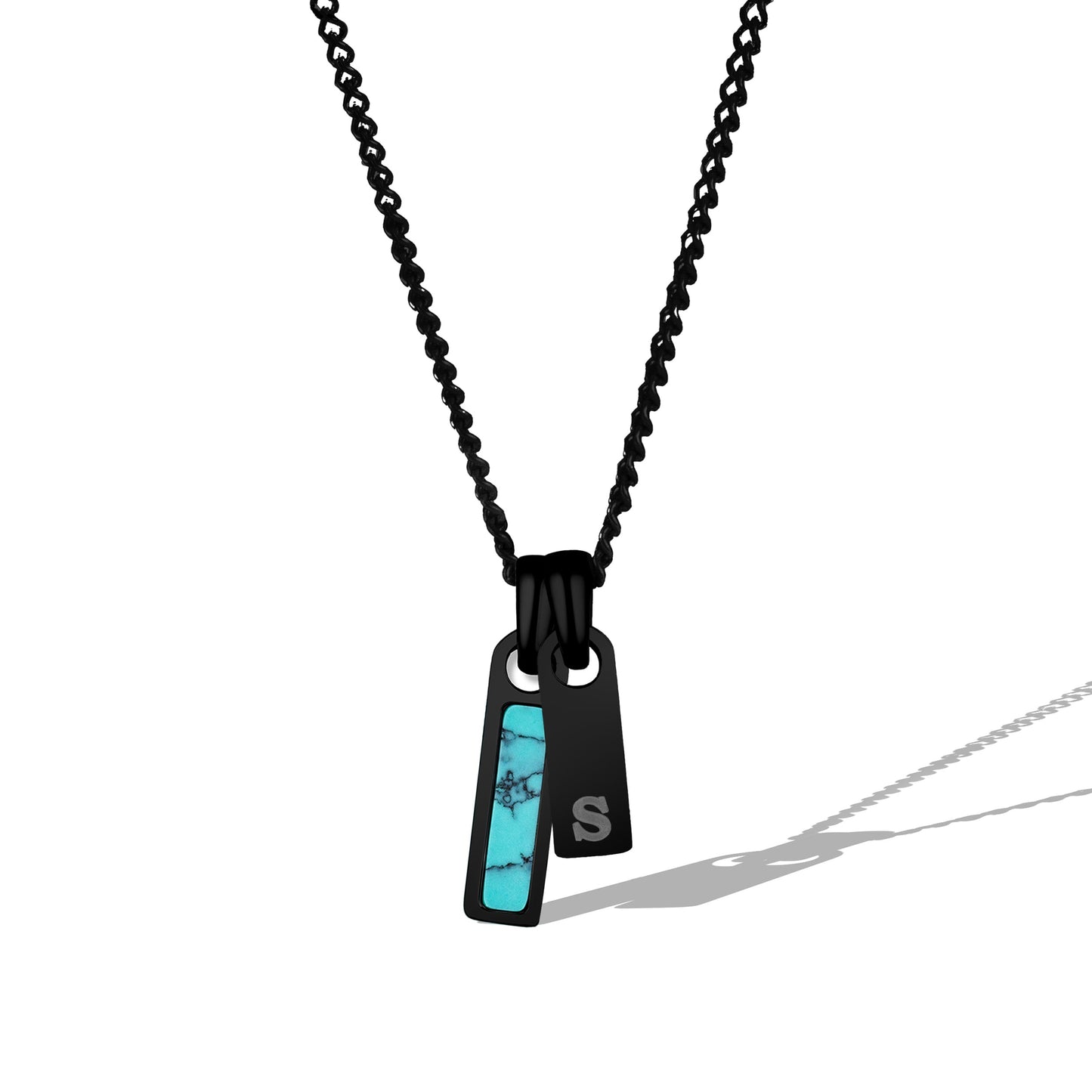 Black chain necklace with a unique pendant on a white background