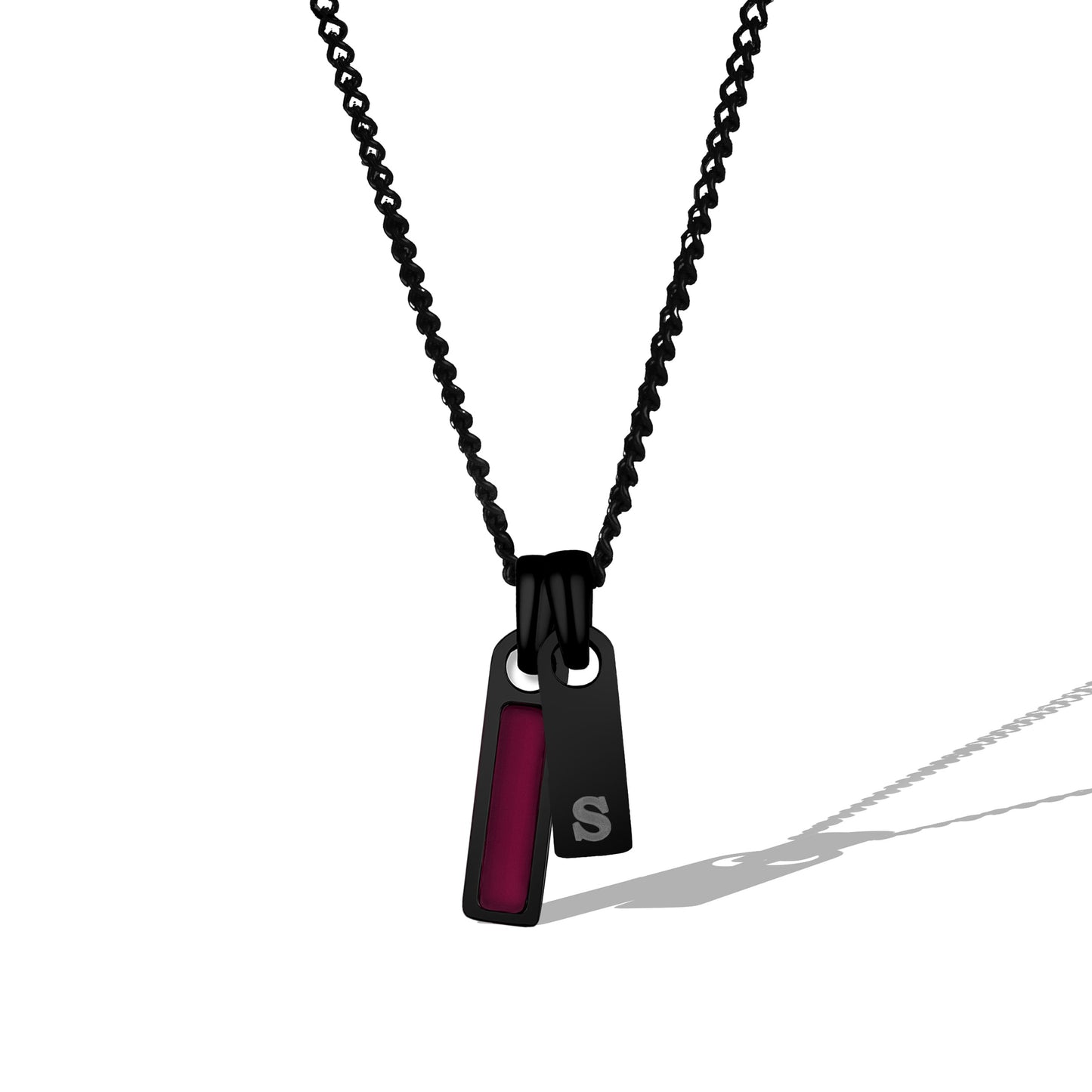 Black chain necklace with a pendant featuring a red accent on a white background