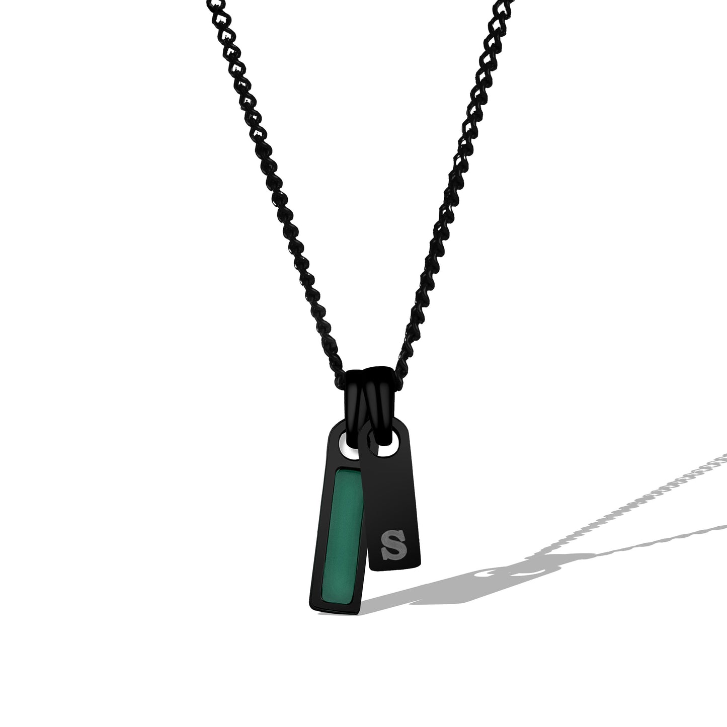 Black chain necklace with a pendant featuring a green accent on a white background