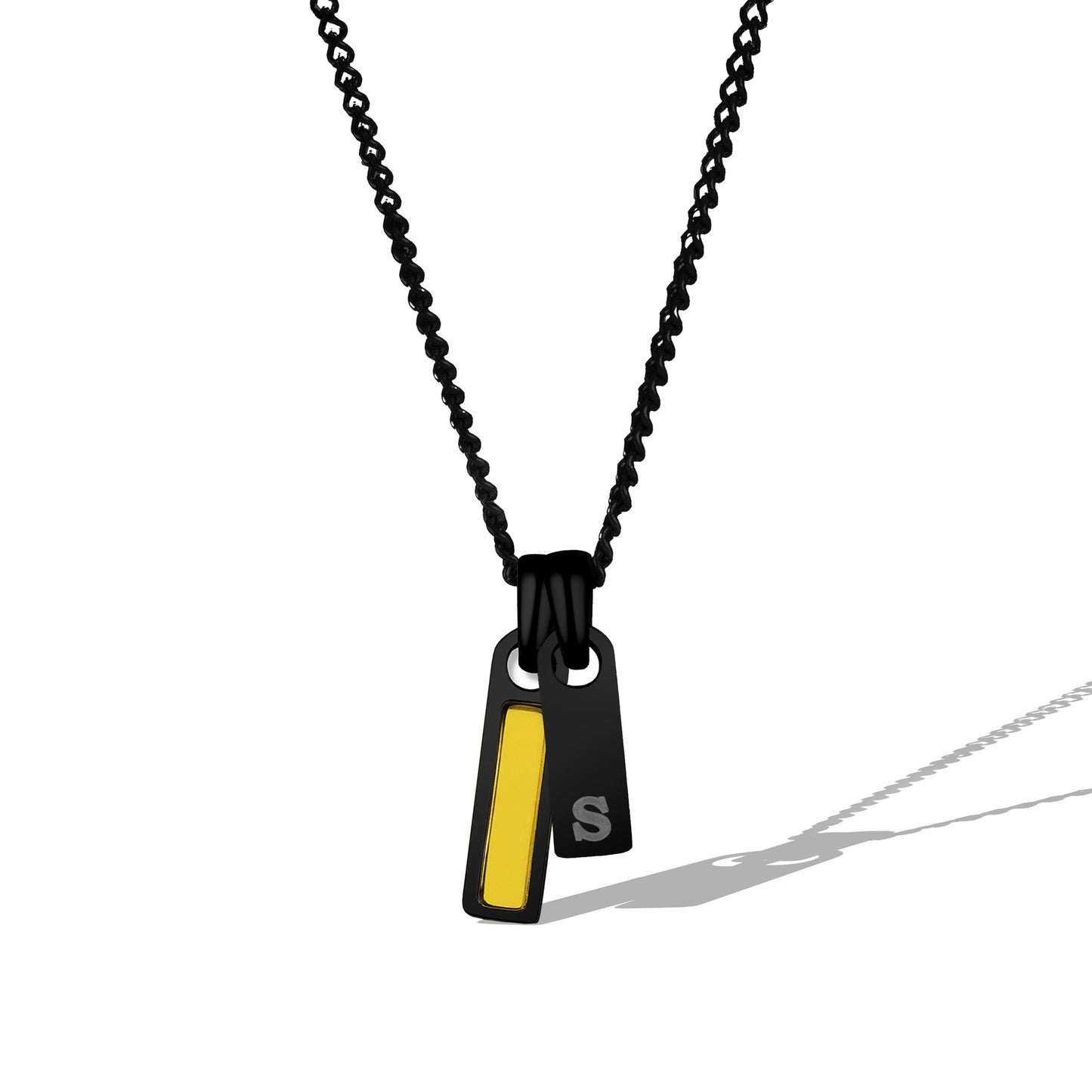 Black and yellow pendant necklace on a white background