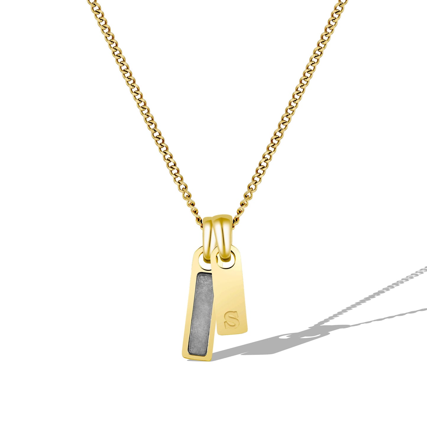 Gold necklace with a pendant on a white background