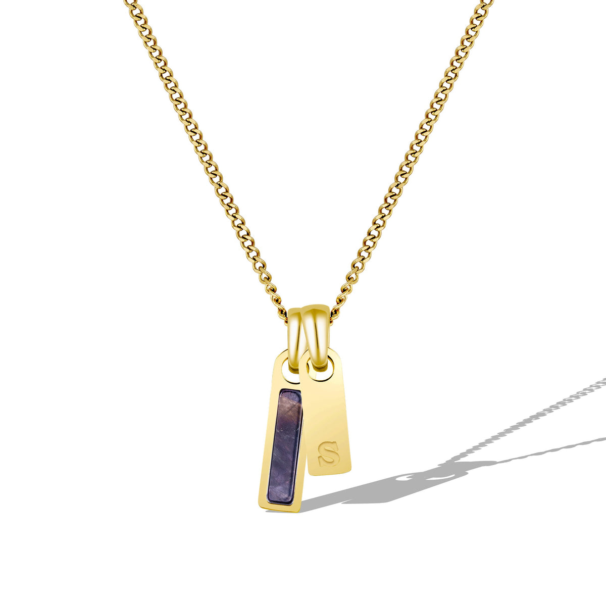 Gold necklace with a pendant on a white background