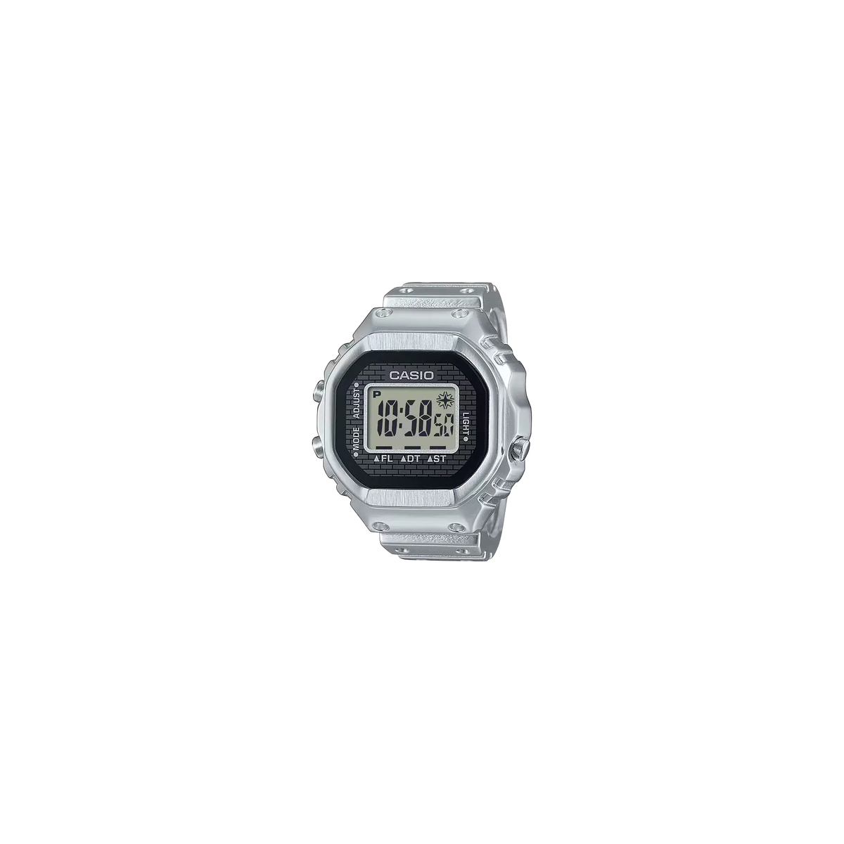 Casio CRW001-1 50th Anniversary Ring Watch with digital display, metal case, dual time, stopwatch, and adjustable sizing.