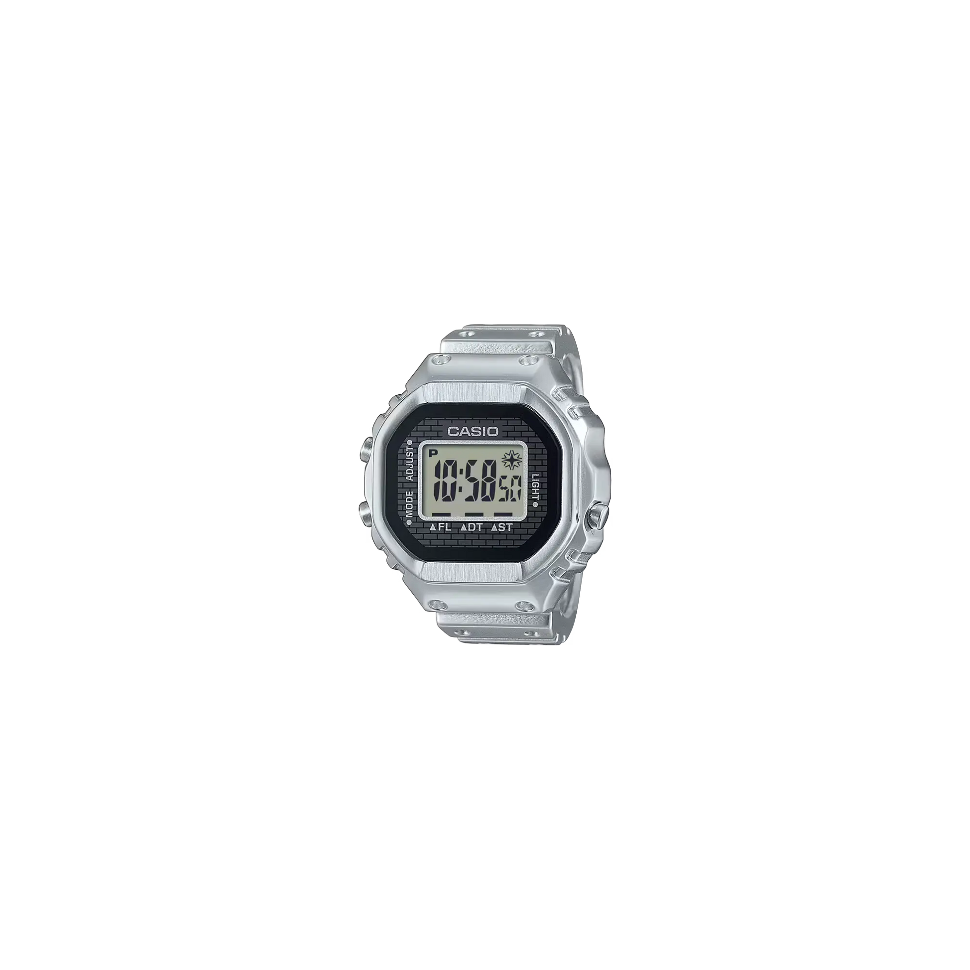 Casio CRW001-1 50th Anniversary Ring Watch with digital display, metal case, dual time, stopwatch, and adjustable sizing.
