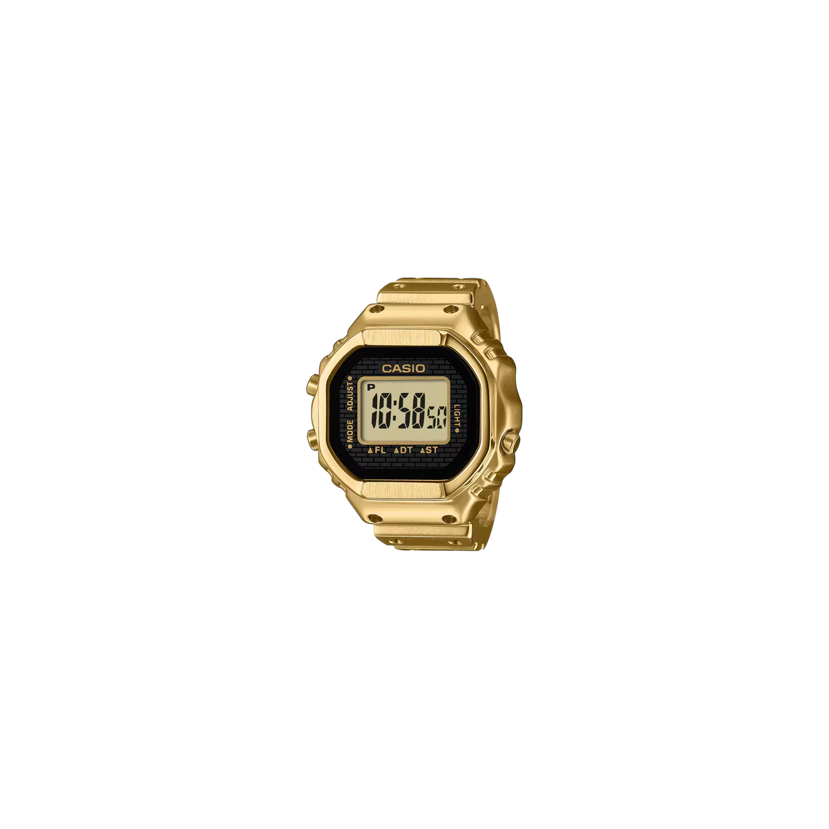 Gold Casio digital watch on a white background