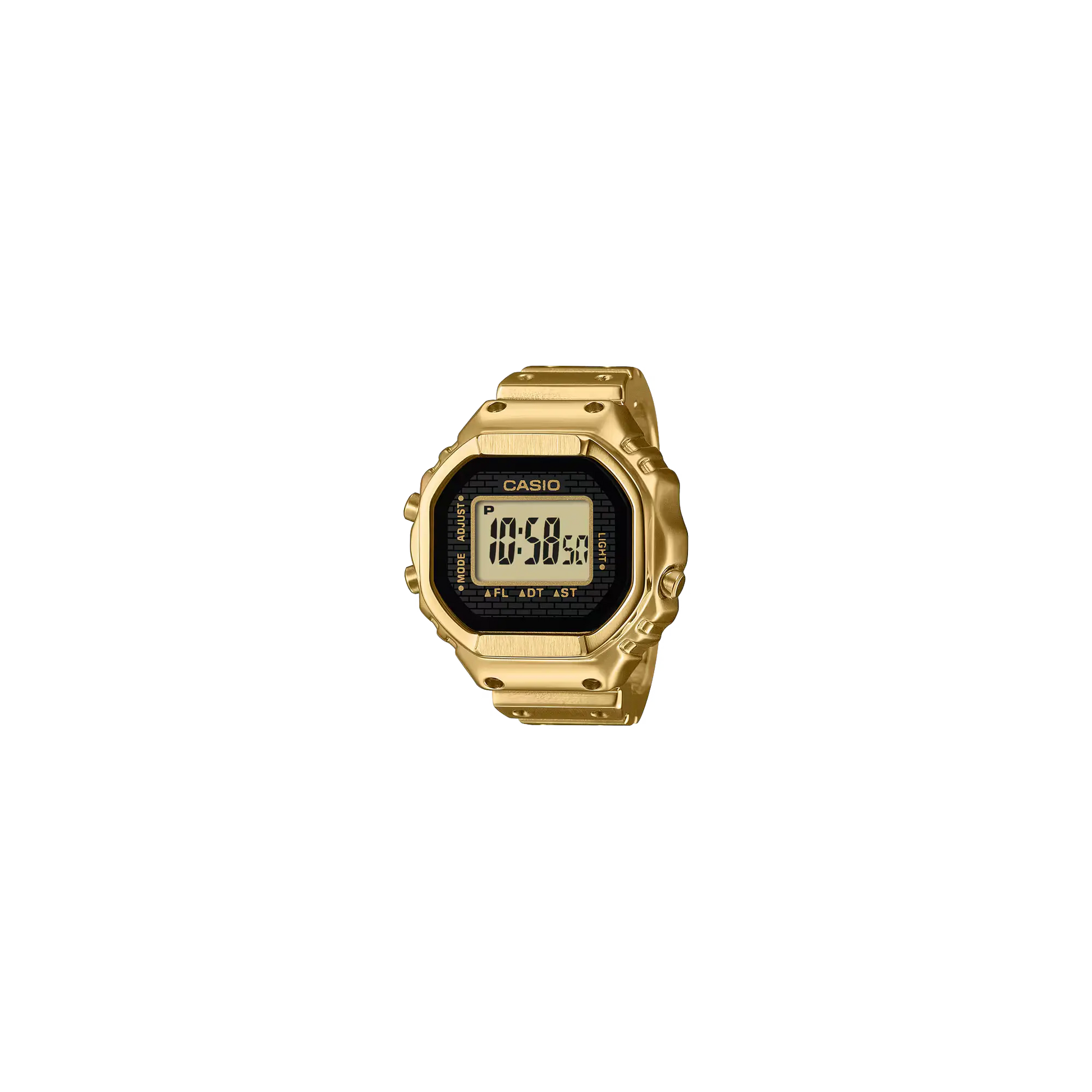 Gold Casio digital watch on a white background