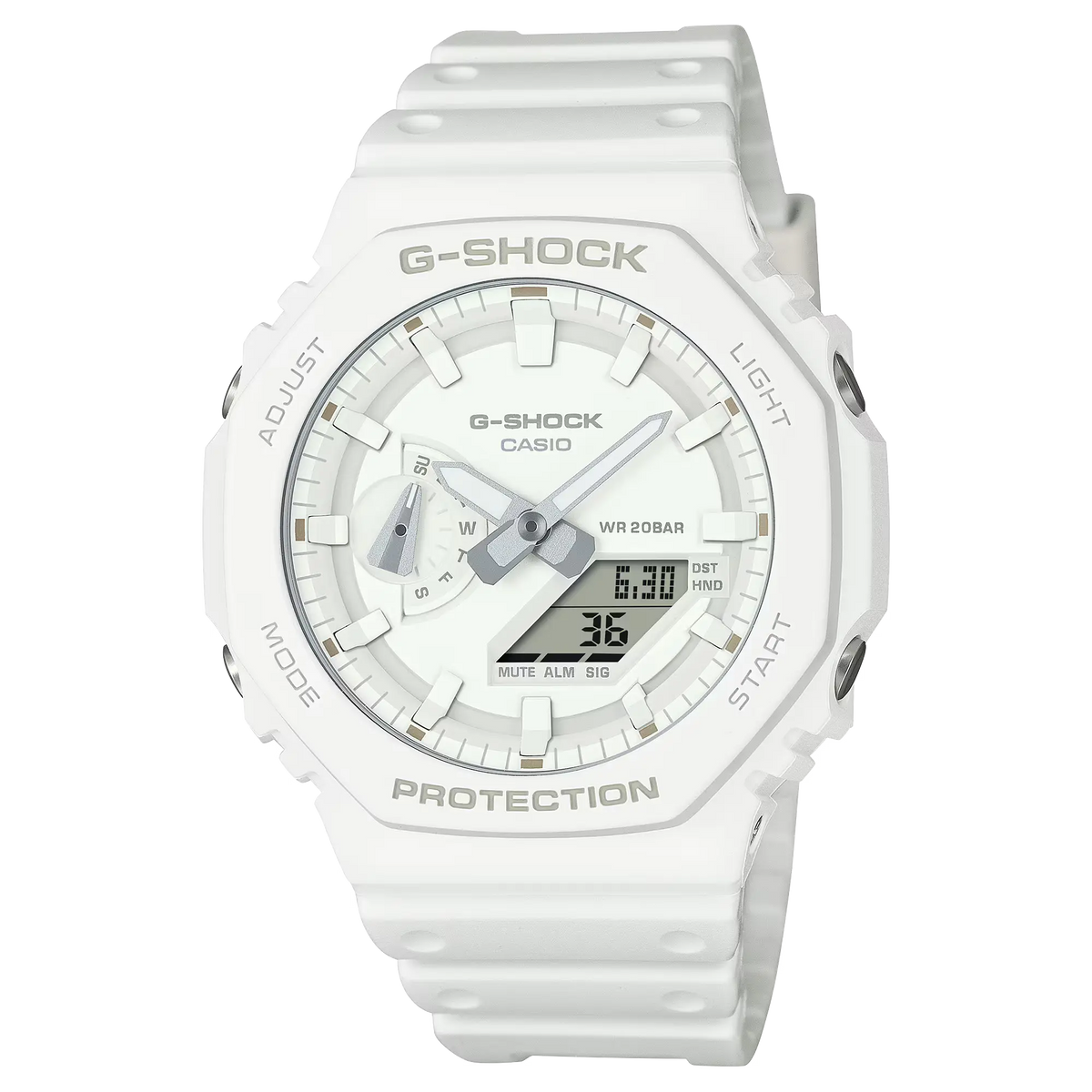 G-SHOCK GA2100-7A7 analog-digital watch in white with shock-resistant design and dual LED lighting.