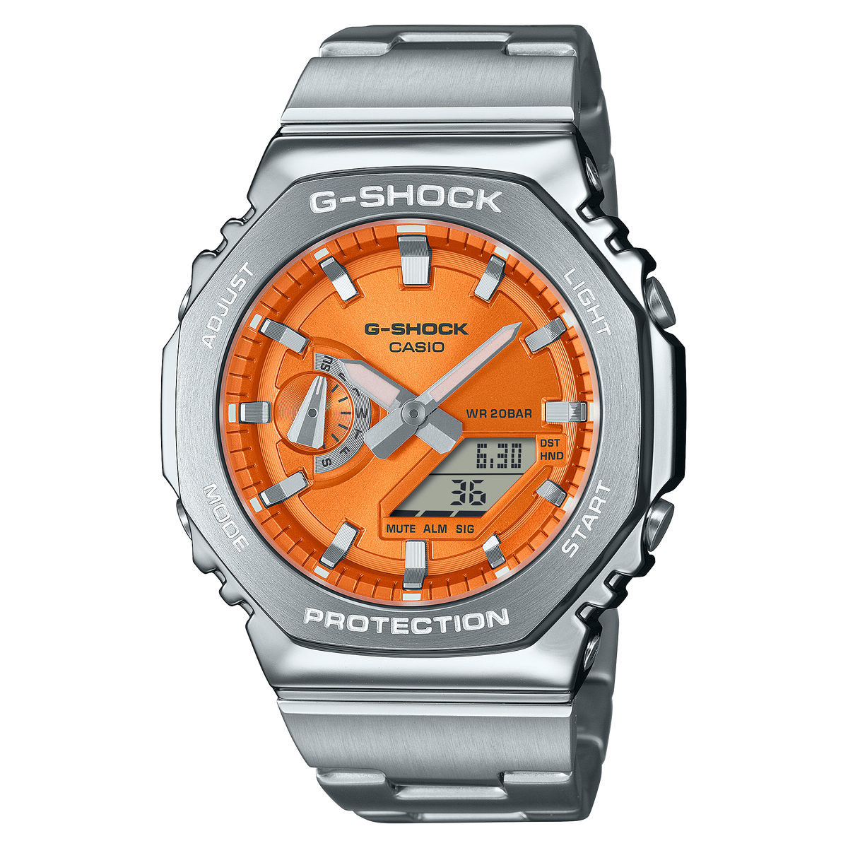 G-SHOCK GM2110D-4A with stainless steel bezel, shock resistance, 200m water resistance, and double LED light.