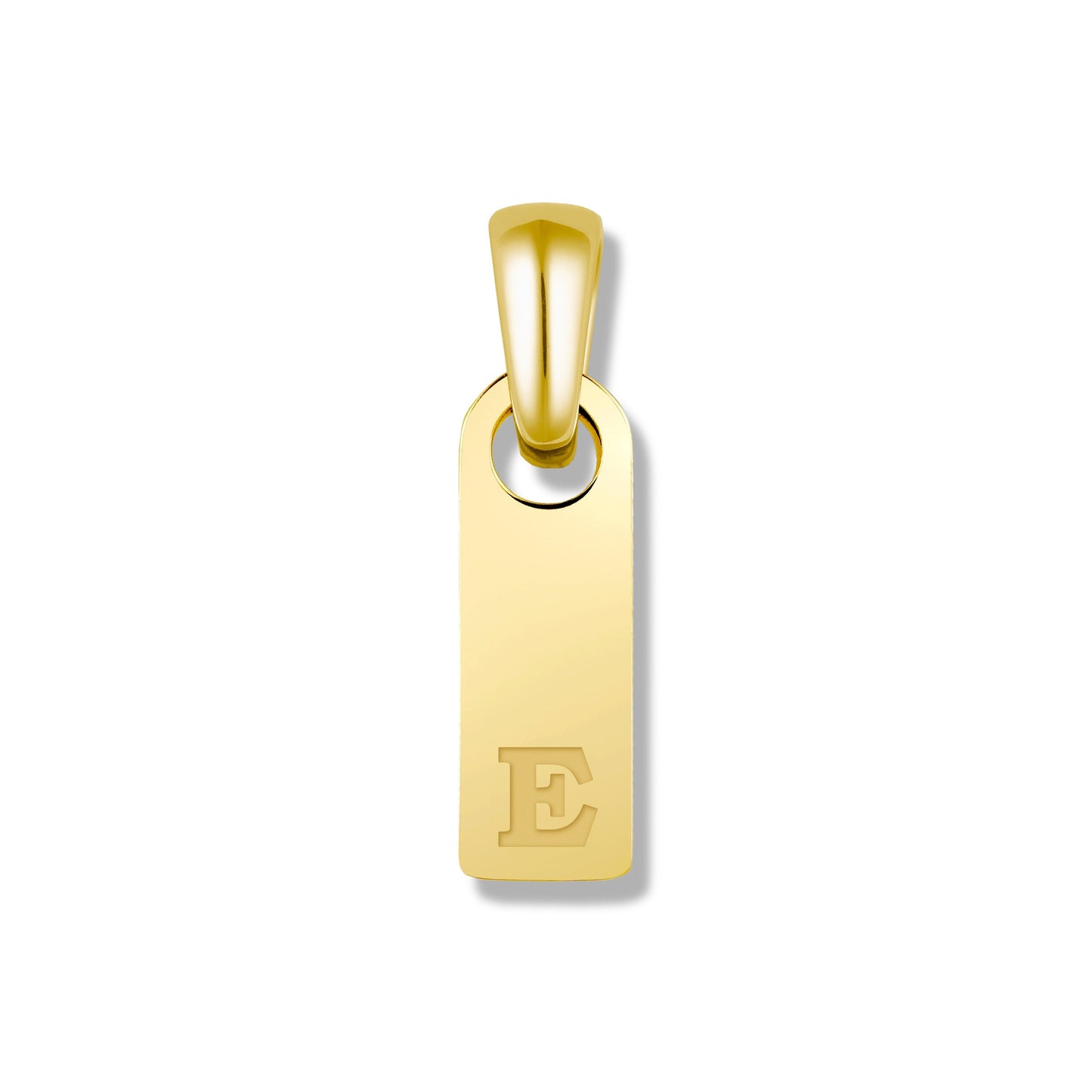 Gold pendant with letter 'E' on a white background