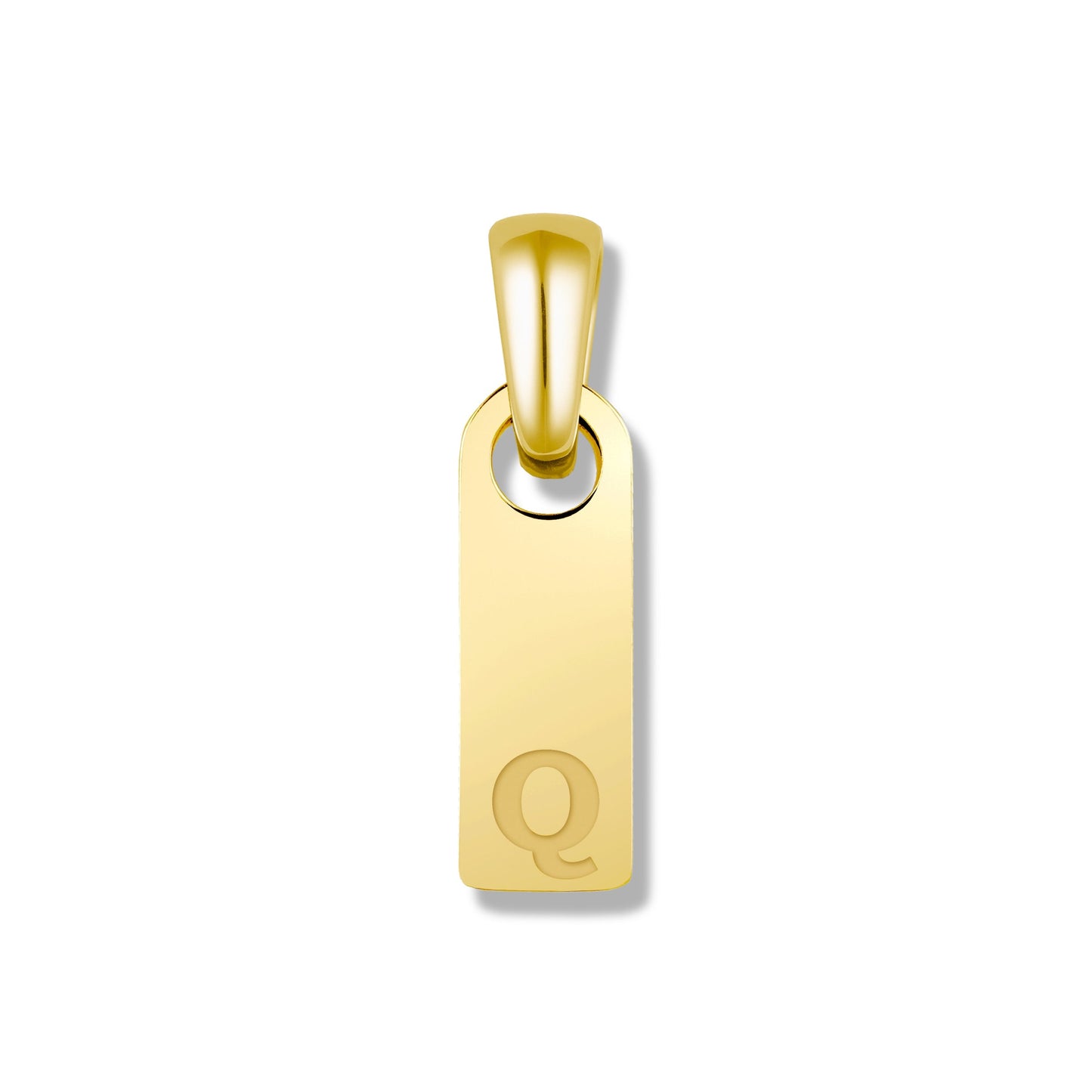 Gold pendant with letter 'Q' on a white background