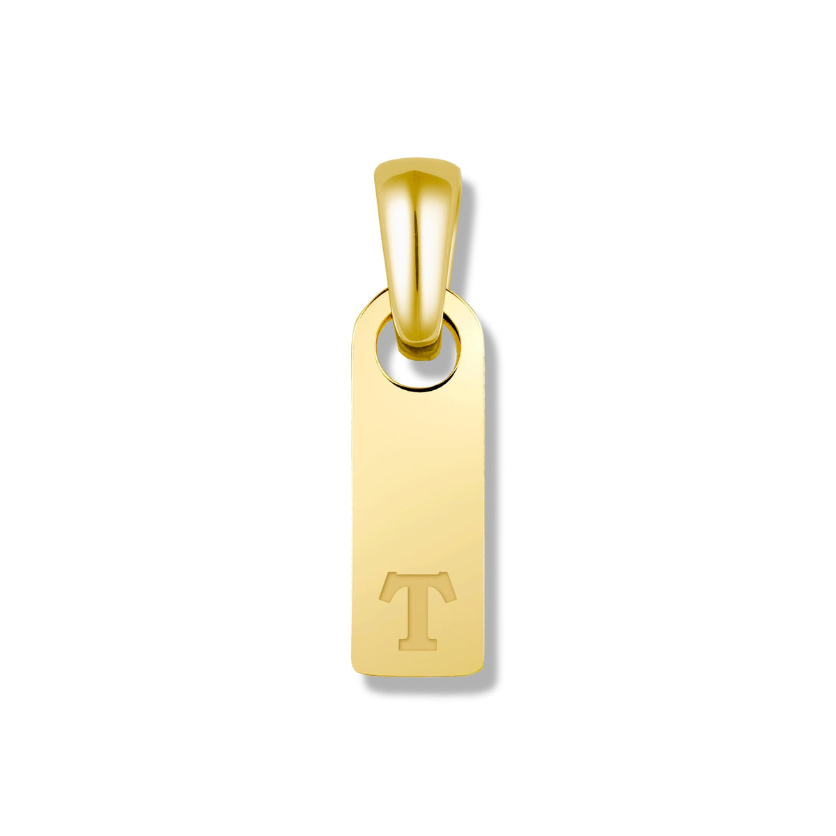 Gold pendant with letter 'T' on a white background
